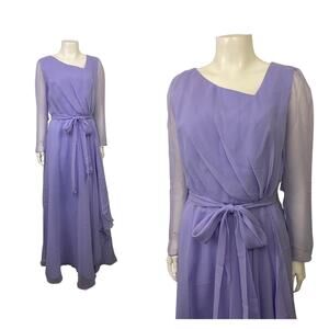1960s Miss Elliette Purple Maxi Dress Sheer long Sleeves / Women’s Medium